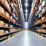 **Inventory Management Improvement:** A modern warehouse scene showcasing efficient FIFO (First In, First Out) inventory system. Shelves are neatly organized with clear labels and technology integration, emphasizing reduced waste and space optimization.