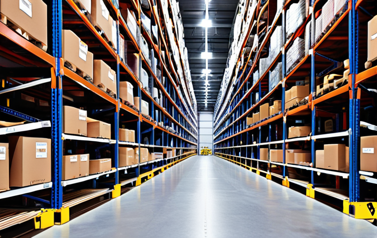 **Inventory Management Improvement:** A modern warehouse scene showcasing efficient FIFO (First In, First Out) inventory system. Shelves are neatly organized with clear labels and technology integration, emphasizing reduced waste and space optimization.