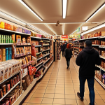 **A bustling retail store interior:** "Vibrant scene of a busy retail store, shelves stocked with various goods, diverse shoppers browsing, warm and inviting lighting."