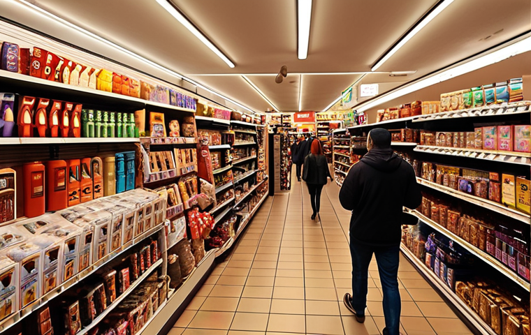 **A bustling retail store interior:** "Vibrant scene of a busy retail store, shelves stocked with various goods, diverse shoppers browsing, warm and inviting lighting."