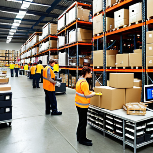 ** A busy warehouse scene depicting inventory management in action. Show workers using software on computers, scanning items, and organizing stock. Highlight the use of technology for efficient inventory control. Focus on the practical application of inventory management techniques like JIT or MRP.

**