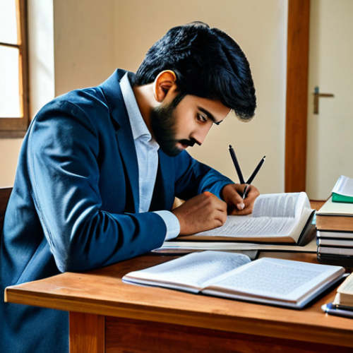 **

"A student fully clothed, studying diligently at a desk laden with Urdu textbooks and notes, in a well-lit study room, safe for work, appropriate content, professional, academic setting, perfect anatomy, natural proportions."

**