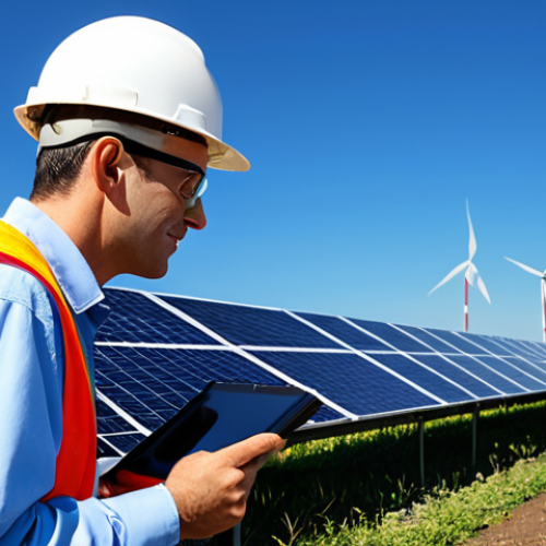 **

A professional utility manager, fully clothed in appropriate attire, inspecting solar panels in a vast solar energy farm under a clear blue sky. Focus on detail and technical accuracy. Safe for work, professional, perfect anatomy, correct proportions, natural pose, high resolution.

**