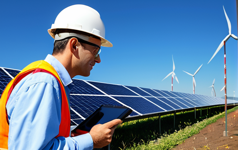 **
A professional utility manager, fully clothed in appropriate attire, inspecting solar panels in a vast solar energy farm under a clear blue sky. Focus on detail and technical accuracy. Safe for work, professional, perfect anatomy, correct proportions, natural pose, high resolution.
**